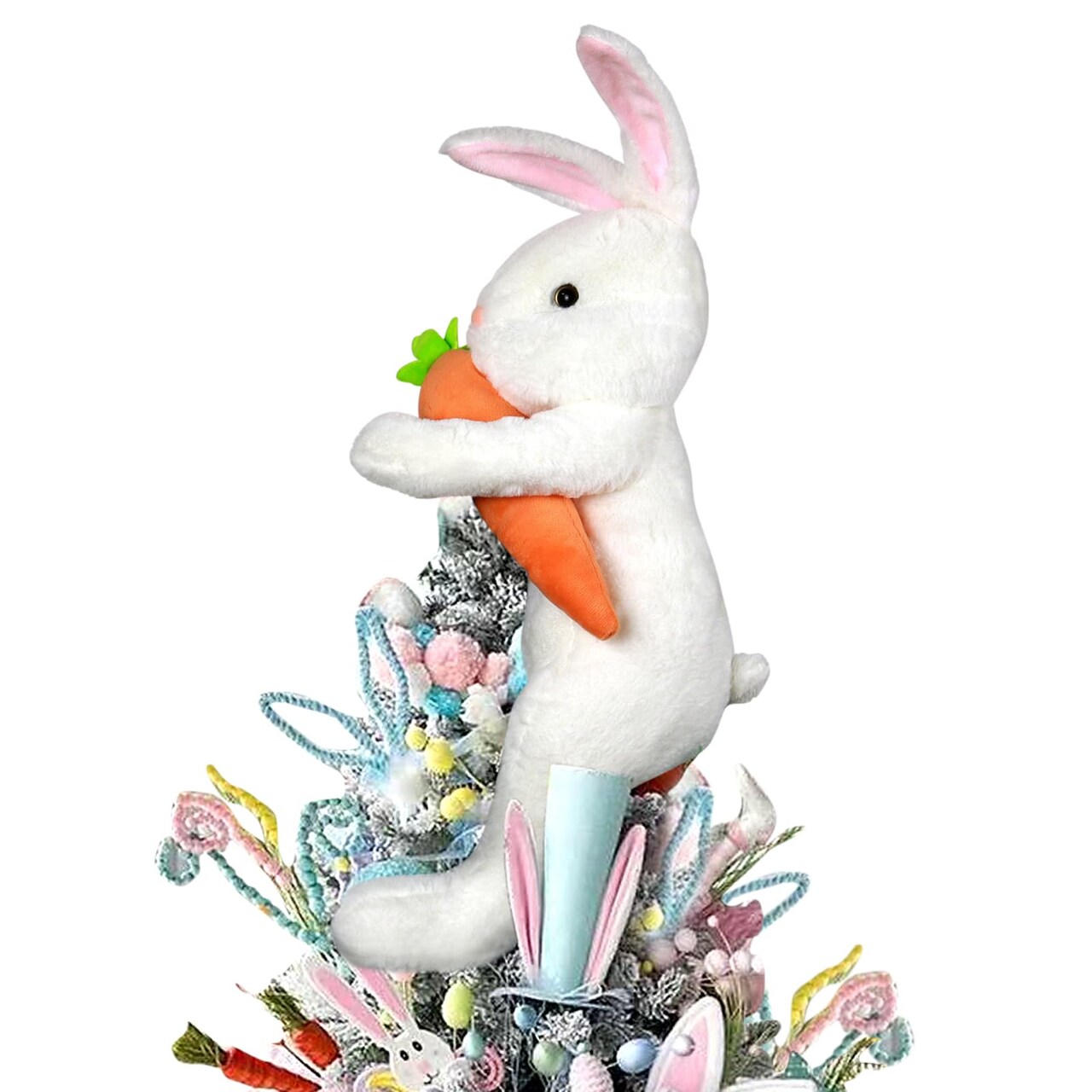Easter Bunny Tree Topper Decorations,Spring Plush Rabbit Hugged Carrot for Tree Basket Stuffers Holiday Home Party Supplies Decor White